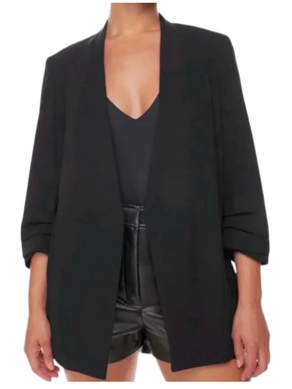 Aritzia Babaton 90s Power Hip Long Black Blazer 10 Ruched Sleeve Elevated Basic - Picture 3 of 16